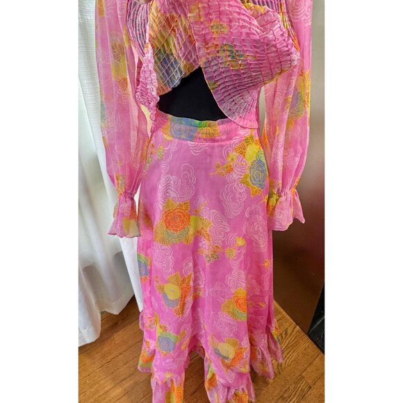 Vintage 70s two pieces set, pink, orange, yellow floral smocked bodice, maxi - Picture 7 of 10
